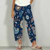 Women Plus Size Navy Blue Floral Paisley Printed Loose Cross Hem Cropped Pants With Pockets