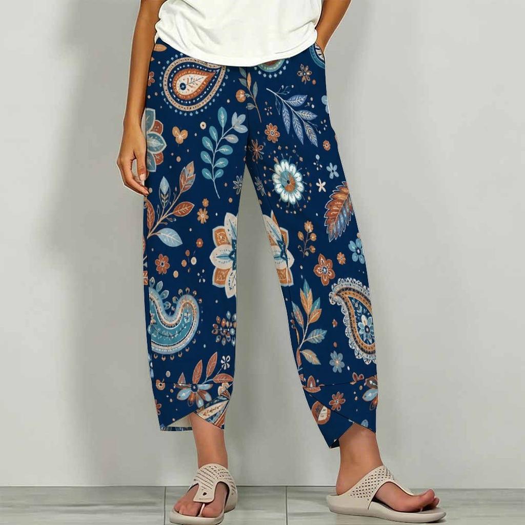 Women Plus Size Navy Blue Floral Paisley Printed Loose Cross Hem Cropped Pants With Pockets