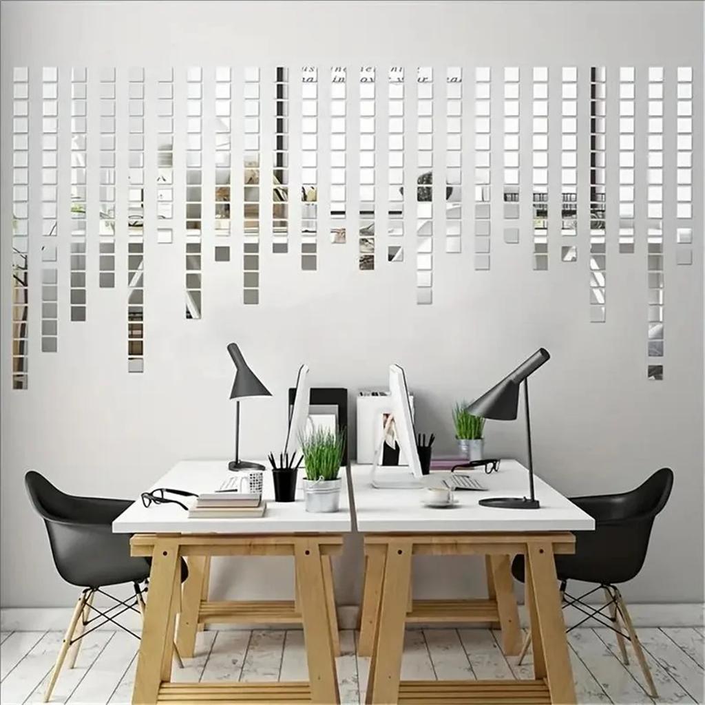 50pcs Mini Square Silver 4cm Acrylic Mirror Tiles Stickers mall Adhesive Mosaic for DIY Crafts Art Supplies Home Wall Door Decor
