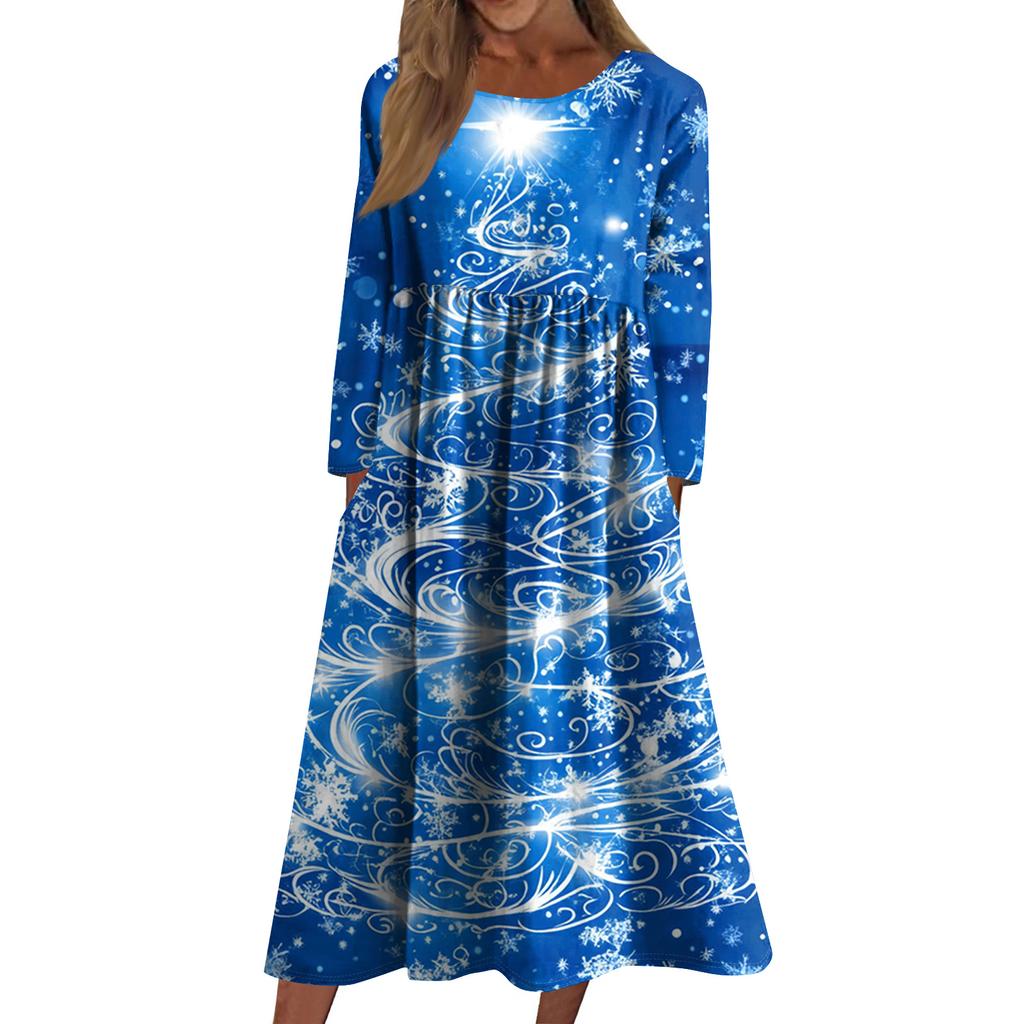 Women's Casual Crew-neck Christmas Print Mid-length Dress Long-sleeved Dress With Pocket