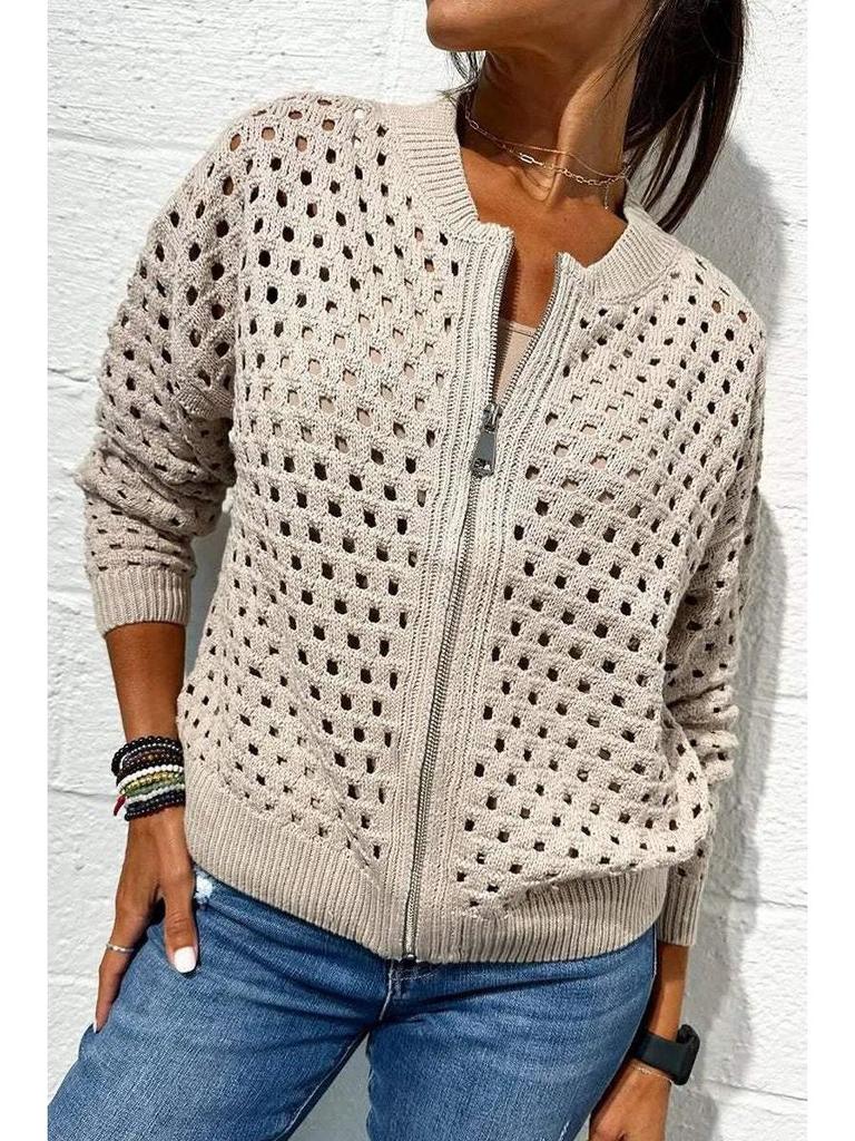 2025 Women's Casual Hollow Knit Zipper Jacket - European and American Style