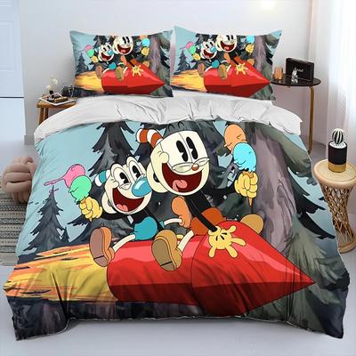 Cuphead i Mugman, Zestaw pościeli z kołdrą dla graczy, Poszewka na kołdrę Zestaw pościeli Poszewka na poduszkę, Rozmiar King Queen Zestaw pościeli Chłopcy