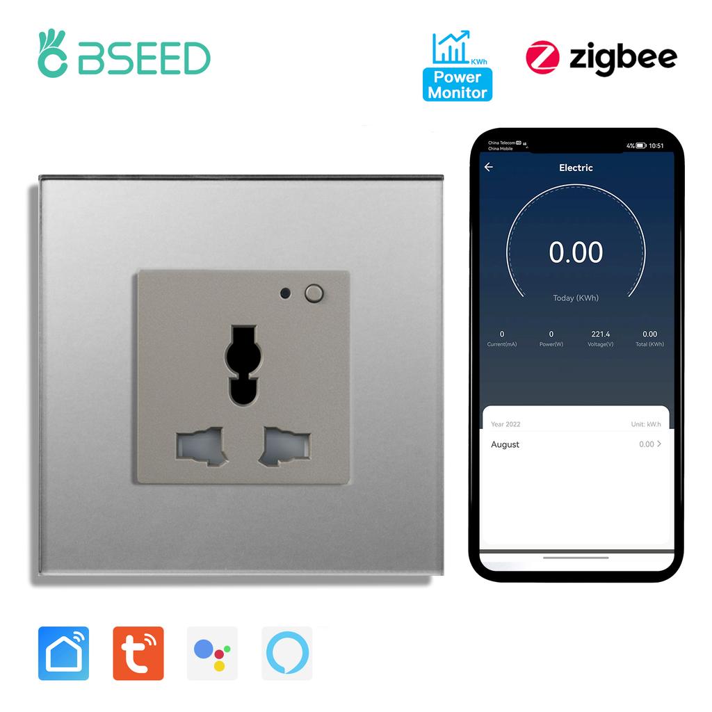 BSEED Zigbee Soquetes Inteligentes Universais Monitor de Potência Soquete de Energia Multifuncional Controle por App Tuya Smart Life Alexa Estrutura de Vidro