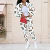 Women Plus Size White Printed Long Sleeve Stand Collar Cropped Varsity Jacket And Long Pants Two Piece Set