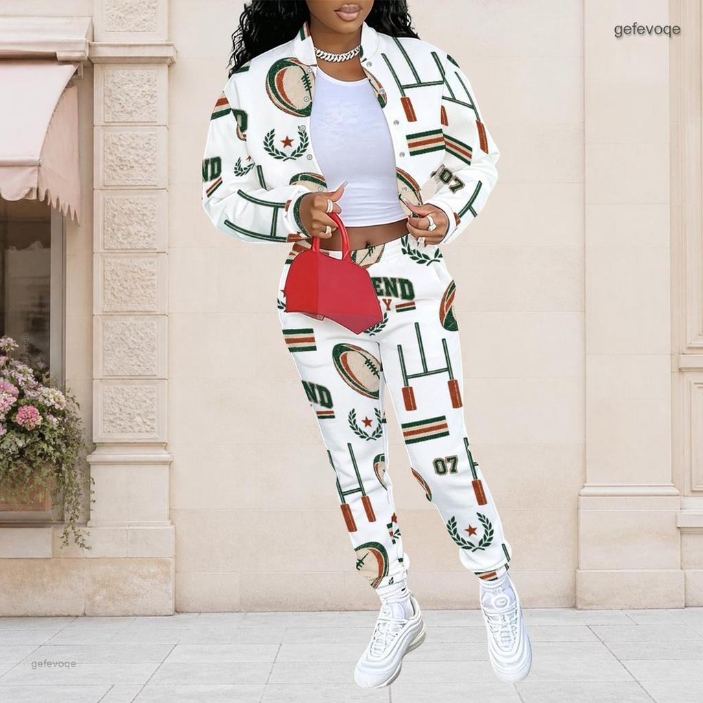 Women Plus Size White Printed Long Sleeve Stand Collar Cropped Varsity Jacket And Long Pants Two Piece Set