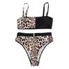 High-Waisted Leopard Print Patchwork Bikini - European and American Women's Two-Piece Swimwear