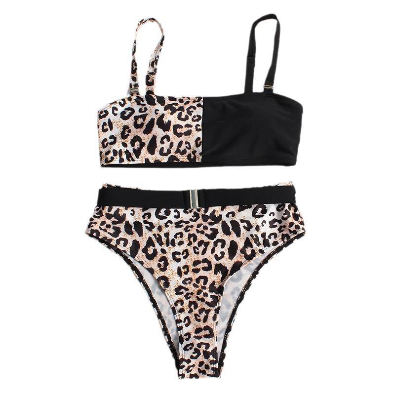 High-Waisted Leopard Print Patchwork Bikini - European and American Women's Two-Piece Swimwear