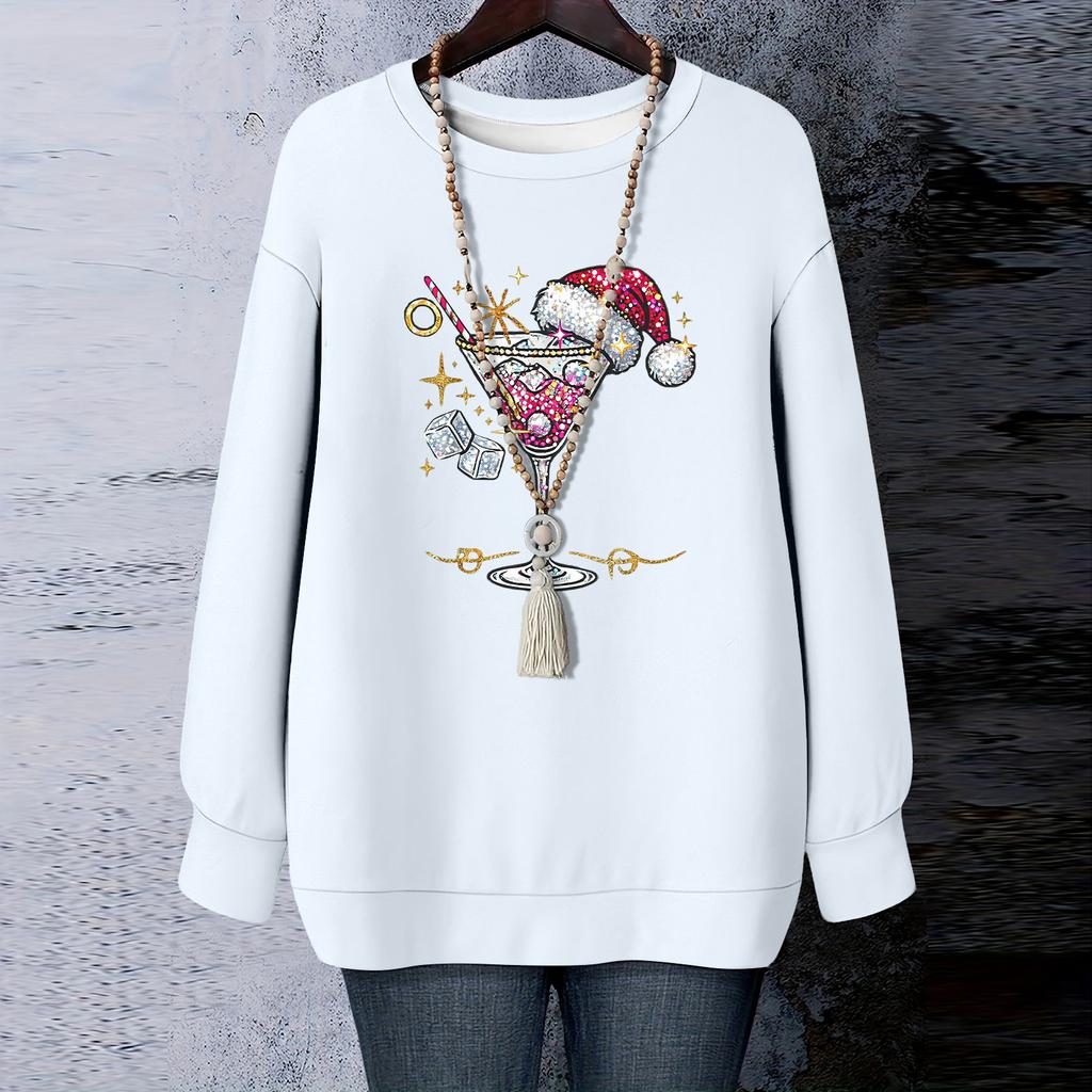 Ladies' Christmas Printed Round Neck Long Sleeved T-shirt Sweatshirt Top