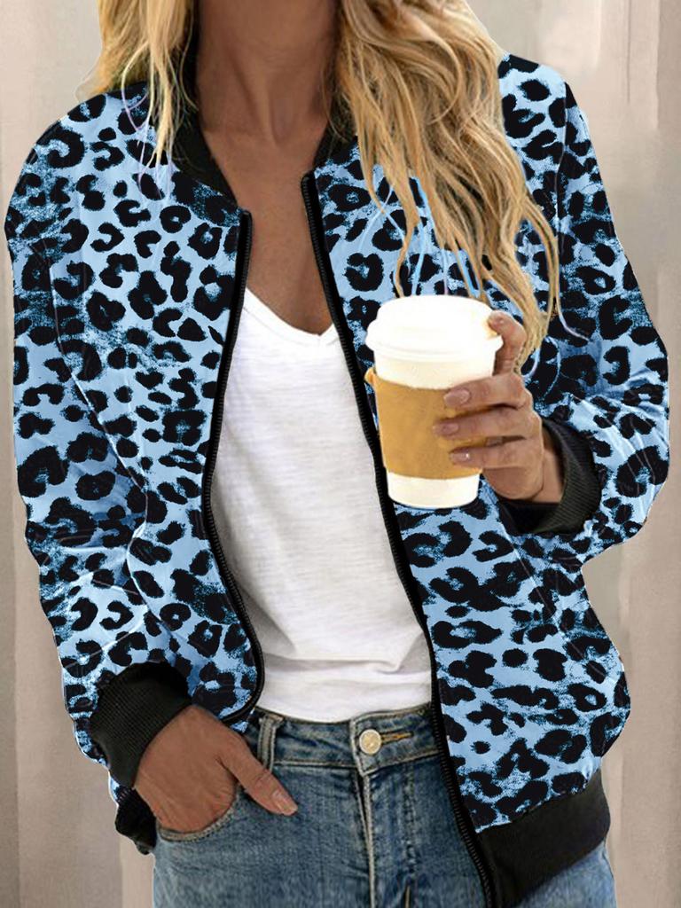 Autumn new European and American leopard print stand-up neck zipper cardigan jacket