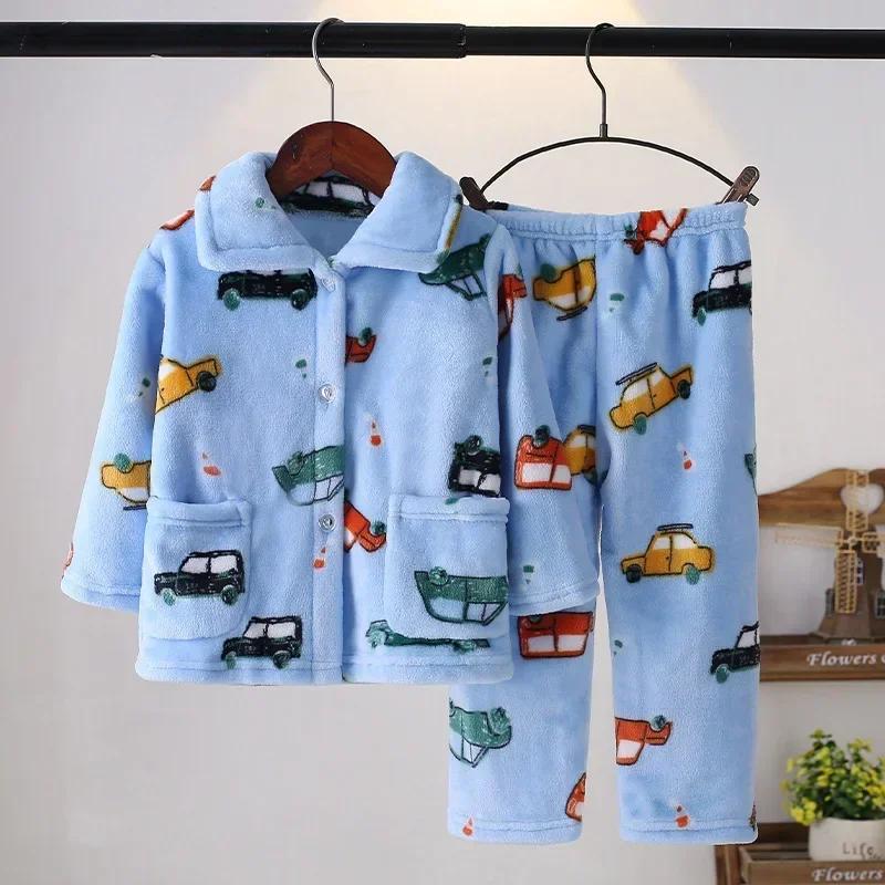 Bambini Ragazzi Ragazze Autunno Inverno Morbidi Pigiama in Flanella Set Cartoni Animati Manica Lunga Scollo a Revers con Pantaloni Pigiama Abbigliamento per Dormire