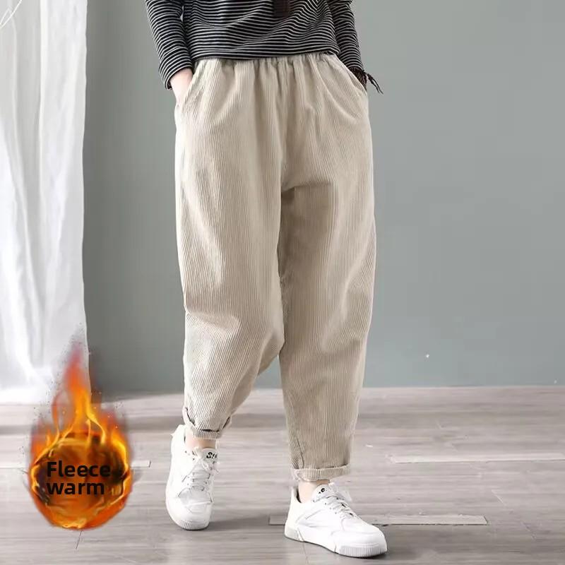 Winter Thickened Large Size Corduroy Fleece Lined Casual Harajuku Warm Long Pants Outerwear Versatile Loose Fit Women's Trousers