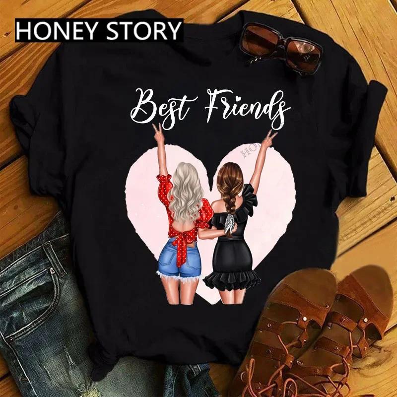Summer Fashion Best Friends T-Shirt Short Sleeve Graphic Tees for Ladies Good Friend Bestie Sister Outfit Polyester Fabric