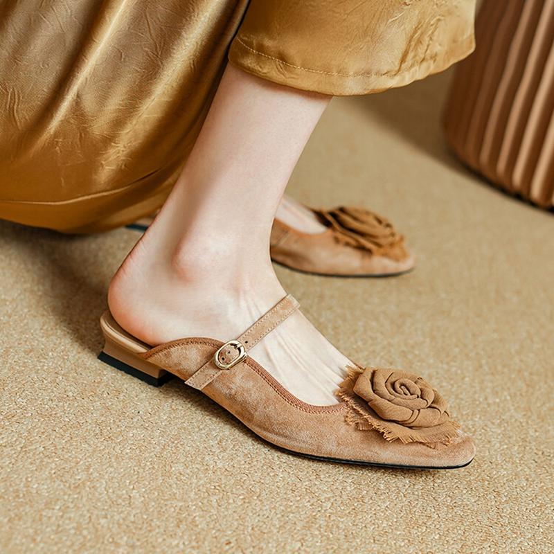 Fashion NEW Summer Women Mules Sheep Suede Leather Shoes for Women Square Toe Low Heel Slippers Cover Toe Slingback Flower Green Sandals