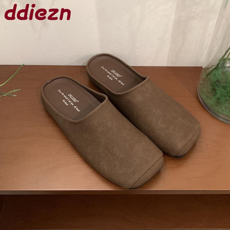 Fashion Fashion Square Toe Women Flats Slippers Mules Shoes Casual Beach Soft Ladies Flats Slippers Shoes Female Slides Sandals New