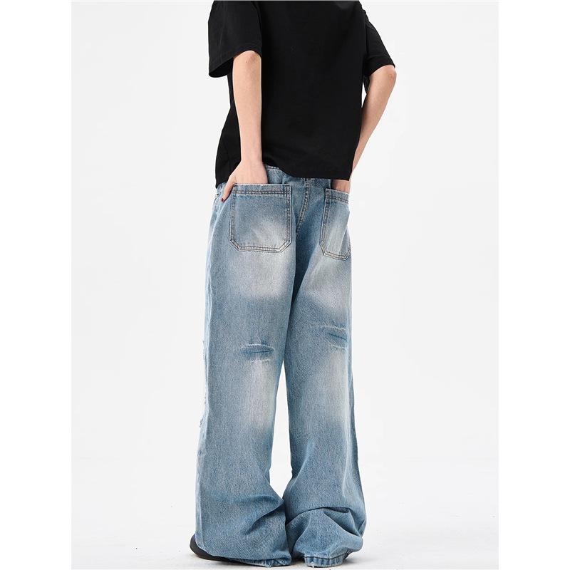 American high street design blue ripped jeans men's and women's wide legs loose straight trendy brand washed couple pants