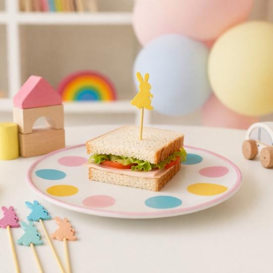 100PCS Bamboo Fruit Tags, Cute Cute Easter Bunny Decor, Multi-Color Disposable Skewers for Fruits Barbecue Cakes Cocktails