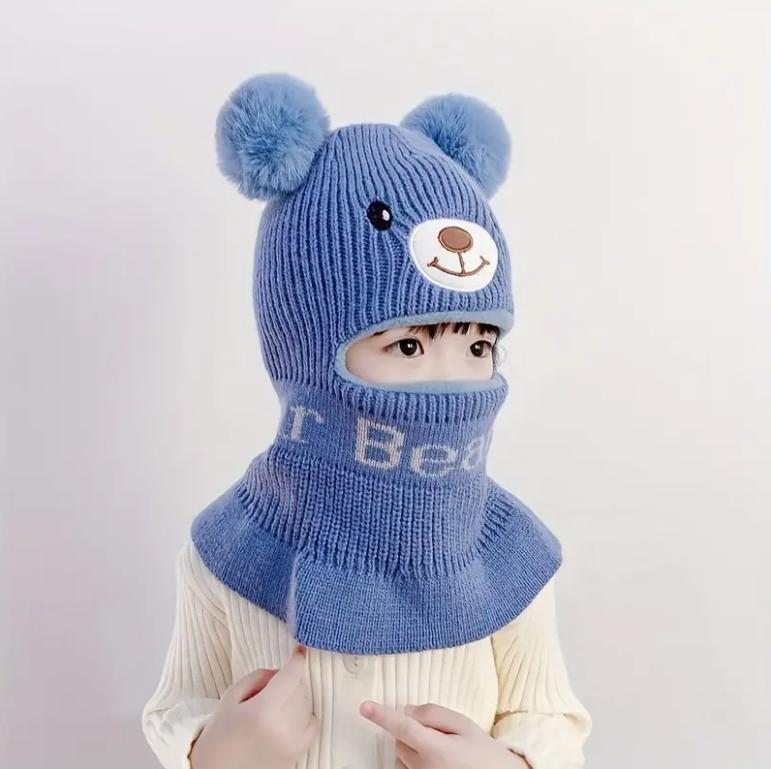 1-8Y Cozy Kids' Bear Ears Mask & Neck Warmer Hat with Pom-Pom Stretchable Winter Warm Coat Accessory for Boys & Girls