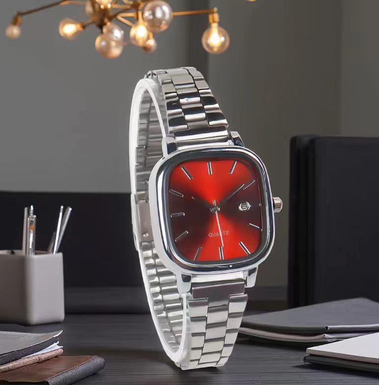 High-End Retro Silver Small Square Steel Band Watch with Calendar, Gold Brick Quartz Movement for Men and Women
