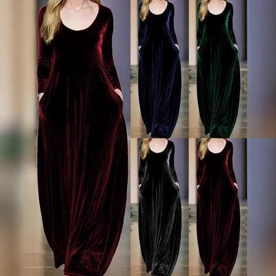 Damen Elegantes Einfarbiges Rundhals Samt Langarm A-Linie Langes Kleid