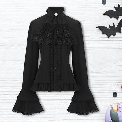 Damen Retro-Top im Steampunk-Stil, Rollkragen, Schleifendekor, Spitze, reine Farbe, lange Glockenärmel, einreihig, Raffung, Plissee, Cosplay