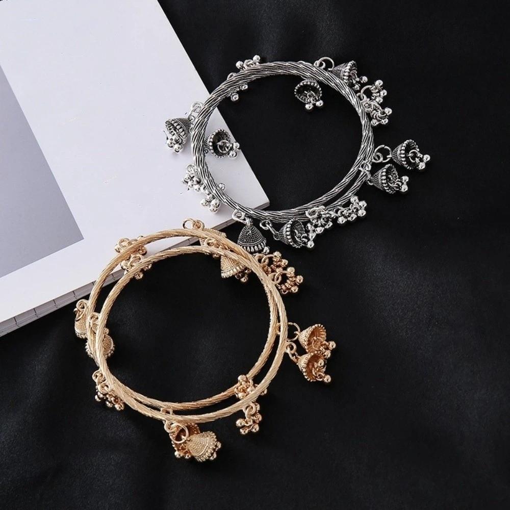 2pcs Zinc Zinc Alloy Bohemian Style Bracelets Elegant Multi-Drop Ornament Bangle Bell Charm Bracelet Daily