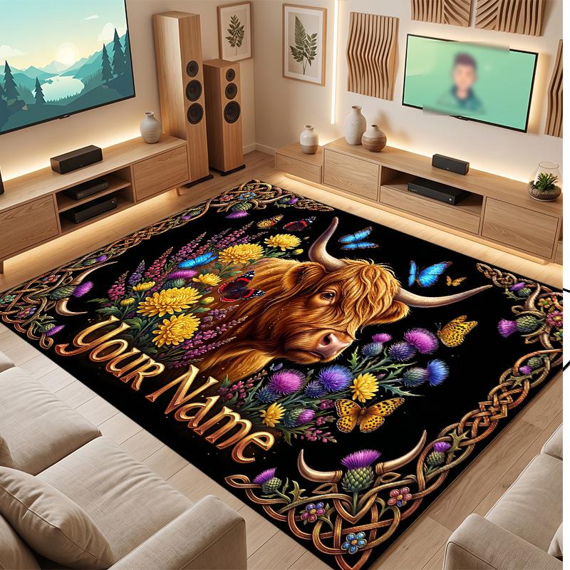 Highland Cow Theme Soft Crystal Velvet Rug Custom Name & Text Print Non Slip Floor Rug for Bedroom Living Room