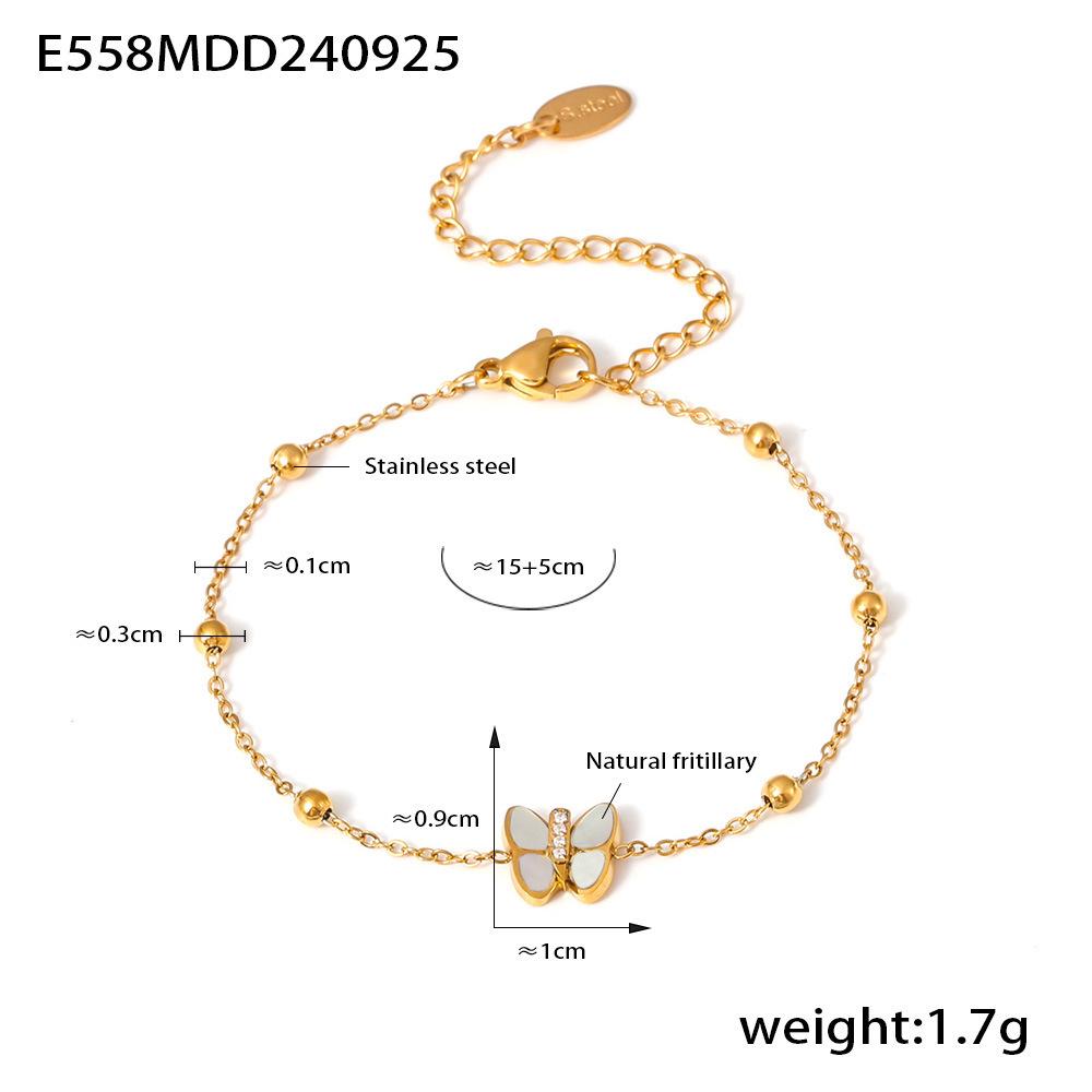 Elegant Butterfly Bead Bracelet with Natural Mother-of-Pearl, 3A Zirconium, Titanium Steel, and 18k Gold Plating.