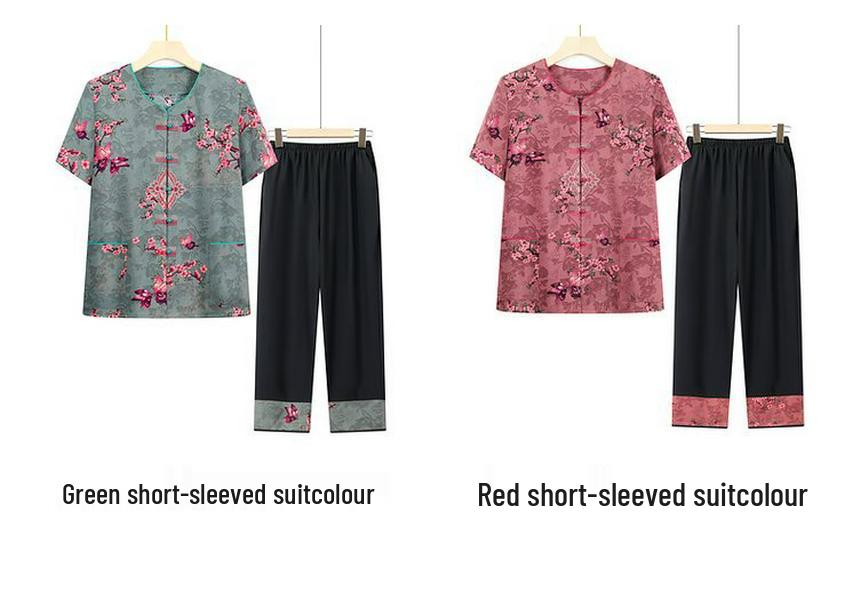 Grandma's Summer Clothing Set: Plus Size Mid-Sleeve Shirt for Middle-Aged and Elderly Women – Casual Spring Outfit for Mom