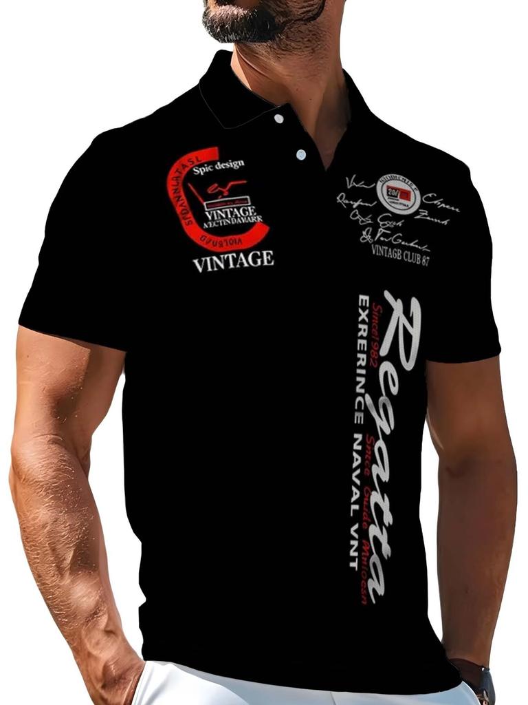 Men's Outdoor Short-Sleeve Polo Shirt with Printed Design (Not Textured), Available in Multiple Sizes. Men's Lapel Polo Shirt with Vintage Multi-Set