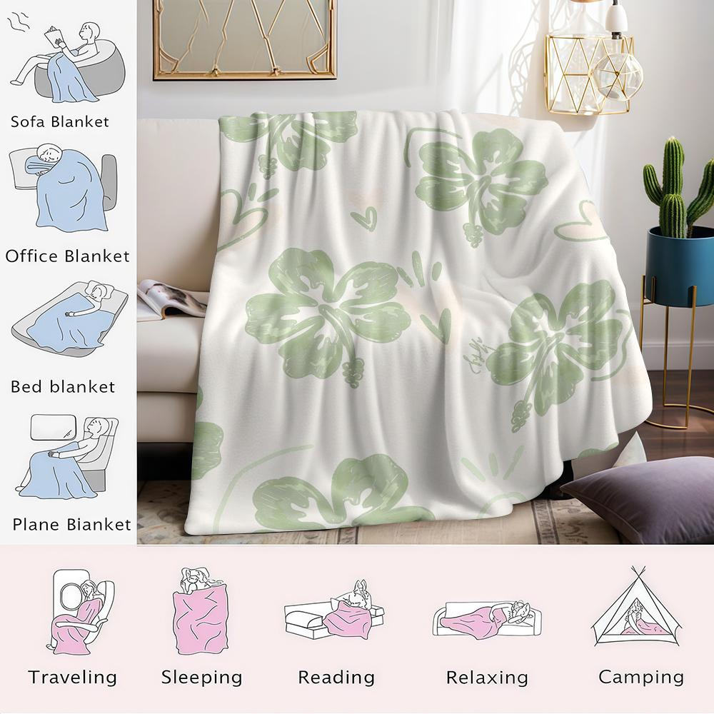 Mint Hibiscus Heart Flannel Blanket Warm Soft Halloween Christmas Couch Warm Cozy Decorative Decor Gift for All Season