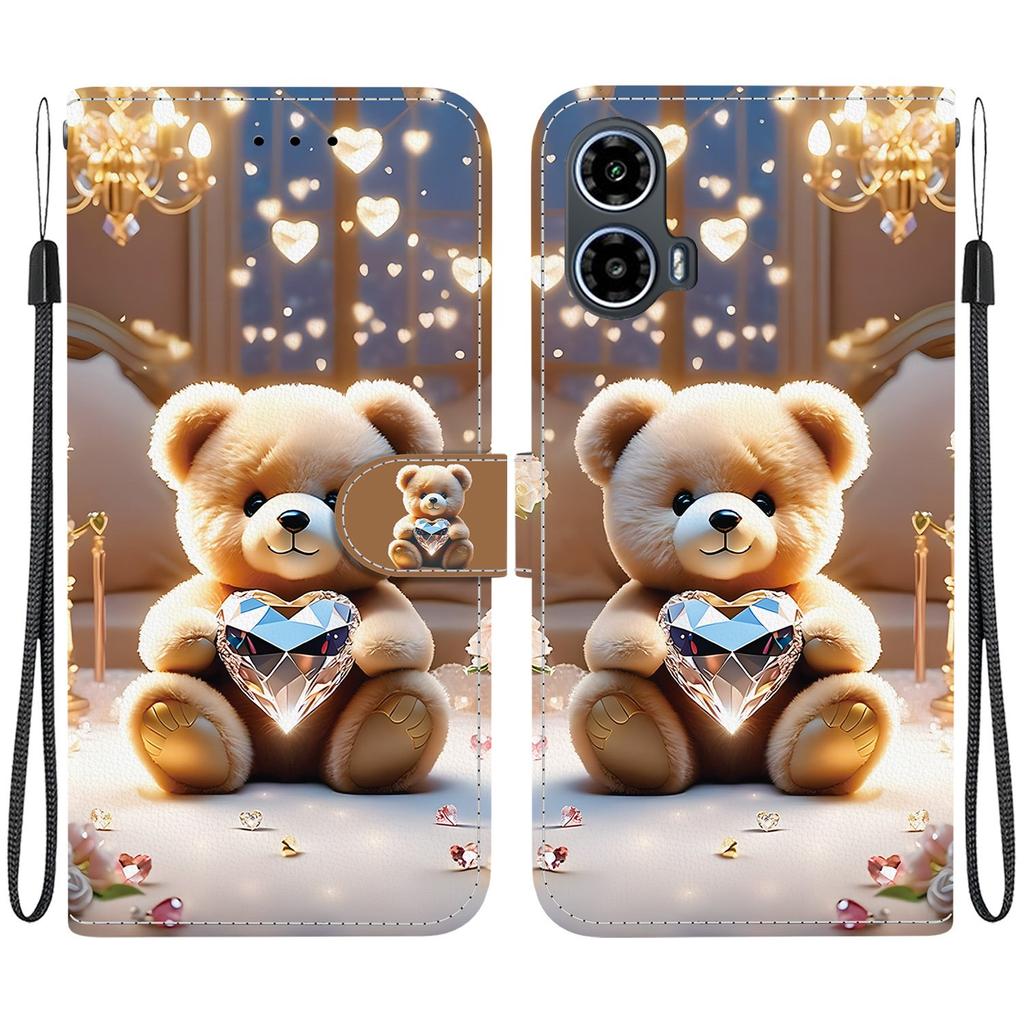 Handmade PU Leather Flip Case for Motorola Moto G34 Anti-Slip Shockproof Cover with Wrist Strap & Heart/Rose Cat Designs