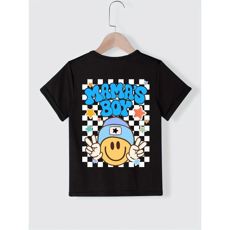 Summer Fashion Boys' Short-Sleeve T-Shirt with Checkerboard Element and Letter Double-Sided Print Casual