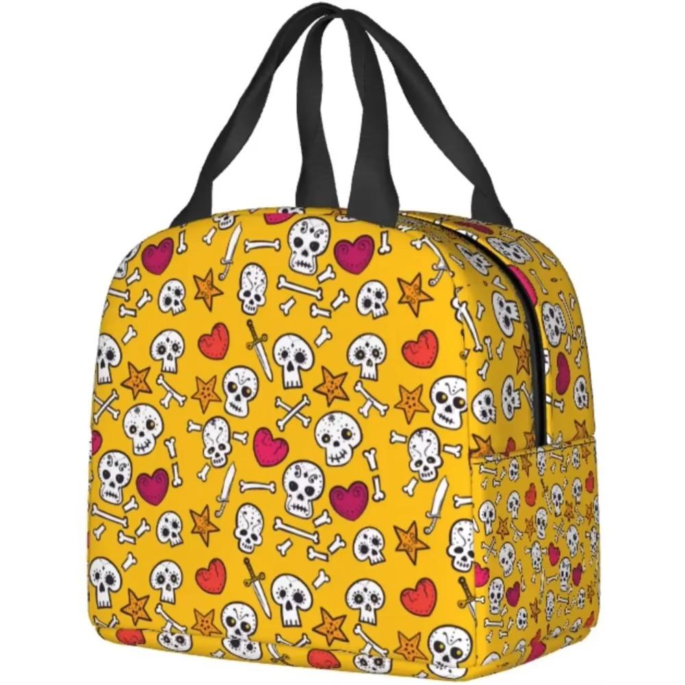 Insulated Lunch Bag For Kids Skulls And Hearts Reusable Cooler Tote Bag Mini Cooler For Kids Adult Office Work Picnic Beach