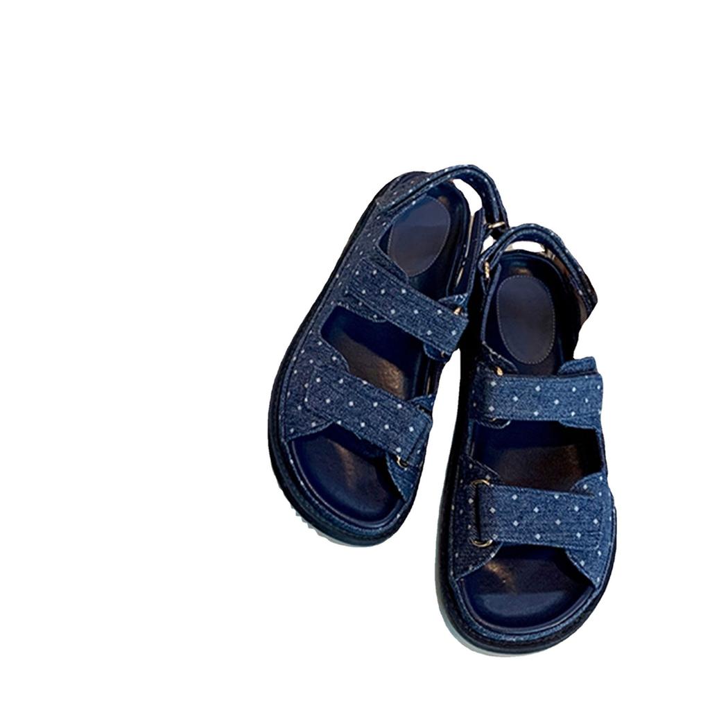 Fashion Famous Designer Double band jeans sandals women polka dot denim thick platform sandalias mujer flat canvas buckle sandales 2025