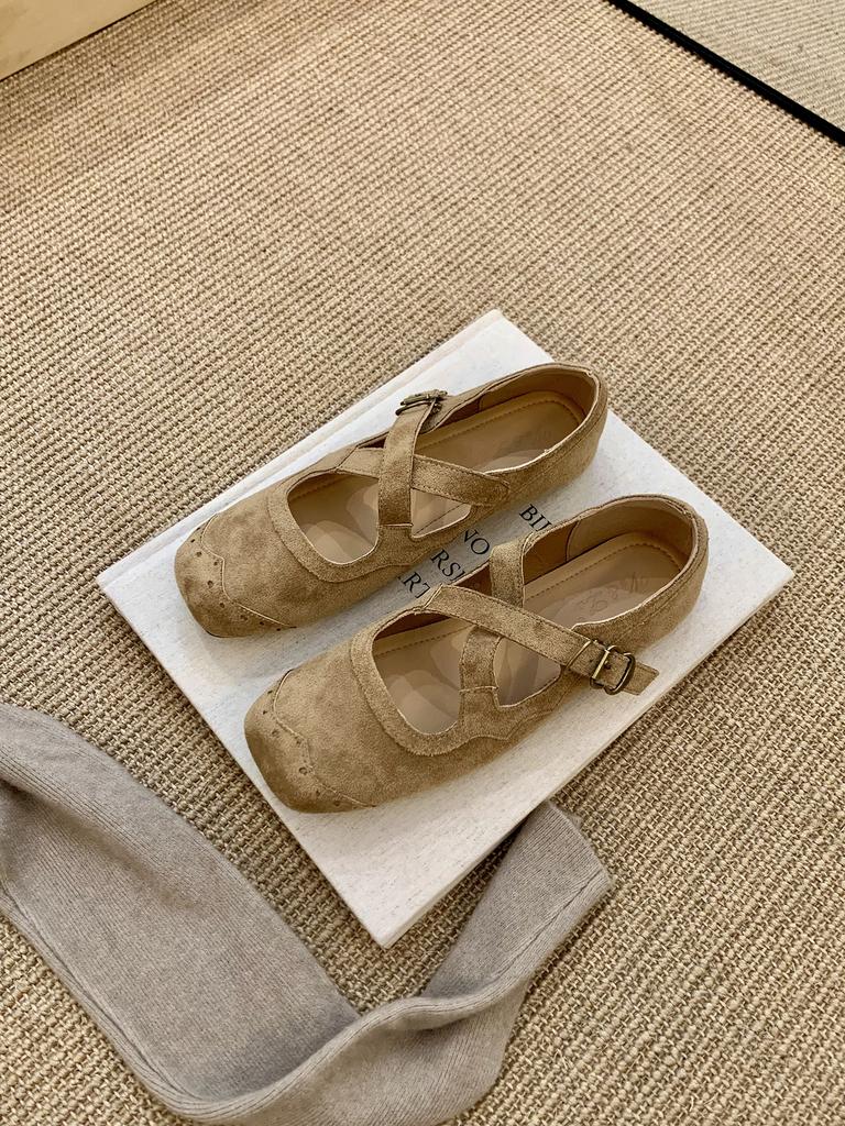 Retro suede cross-strap ballet single shoes women's 2025 spring and autumn new ballet with skirt late evening wind Mary Jane shoes