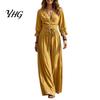 V Neck Lace Dress Women V-Neck for Fall, 3/4 Sleeves Maxi with Three Quarter Sleeve Belt, Solid Color Loose Casual Long Vacation Daily Wear Versatile