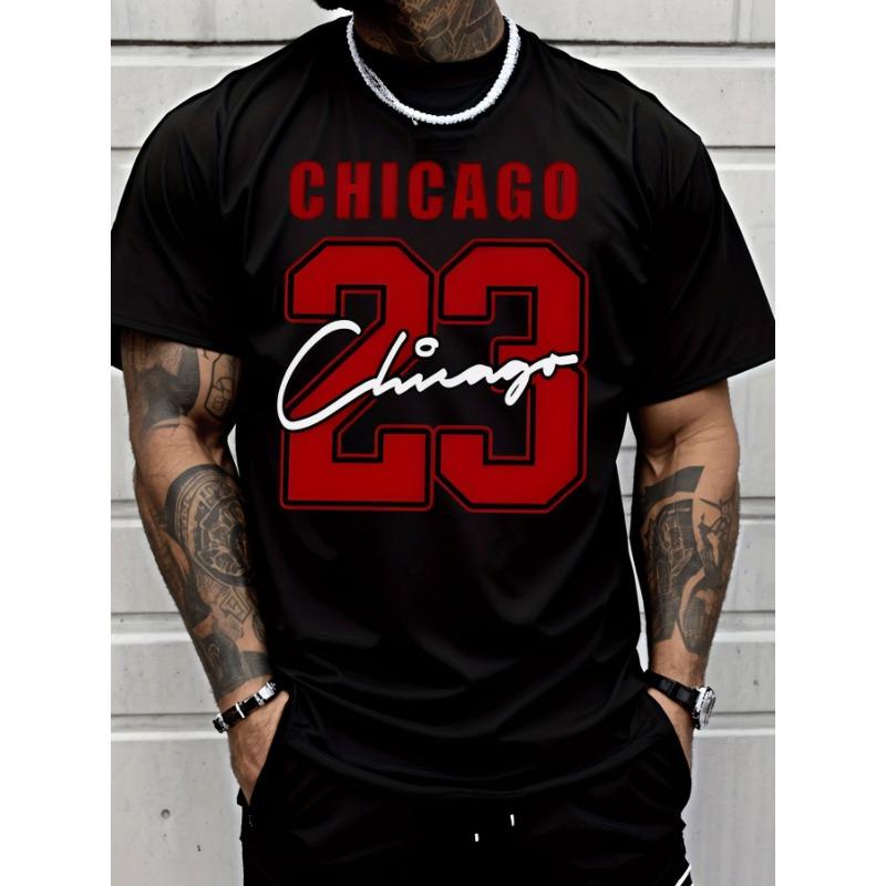 European Size Short Sleeve Men's Fashion Casual Trendy Street Style Graphic T-Shirt with CHICAGO Text Red Number 23and White Signature Pattern Adults