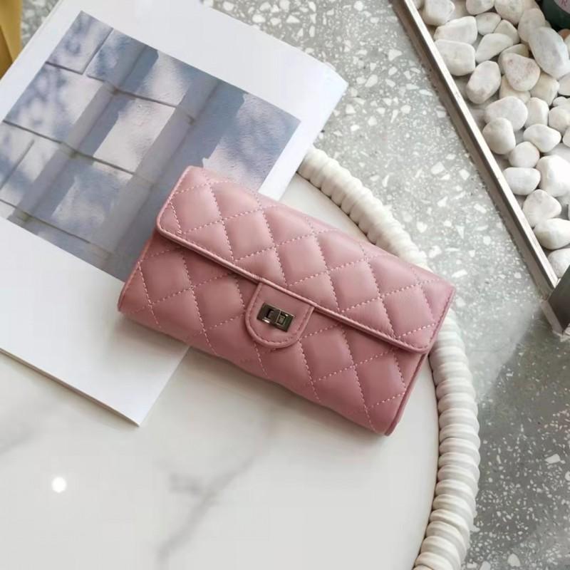 Womens Genuine Leather Long Tri-fold Wallet Lambskin Clutch Bag Chain Crossbody Small Purse Vintage Quilted