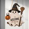 Cartoon Pattern Halloween Welcome Door Sign Rustic Style Ghost Witch Hat Doorplate  Front Door