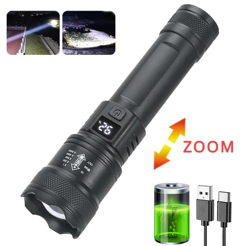 High Strong Power LED Flashlight Bright Tactical Torch with Display Light USB Charging Camping Fishing Emergency Zoom Lantern