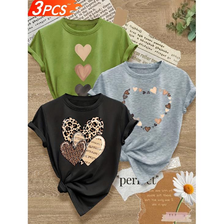 3 Women's Heart-shaped Print Item T Shirt Casual Round Neck Short Sleeve Top With Perfect Aphorism Leopard Print and Heart-shaped