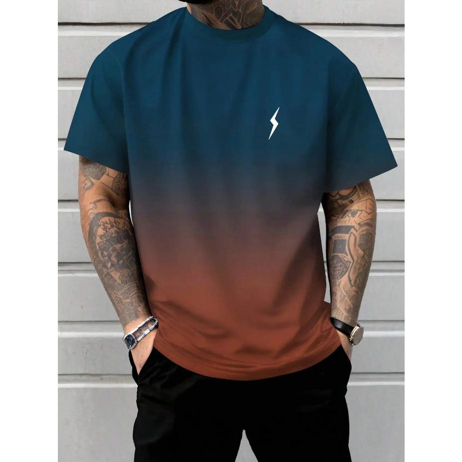 Pánské tričko nadměrné velikosti s grafickým potiskem blesku s ombre gradientem - Sportovně ležérní tričko s krátkým rukávem a kulatým výstřihem, regular fit, každodenní pohodlí NADMĚRNÁ VELIKOST
