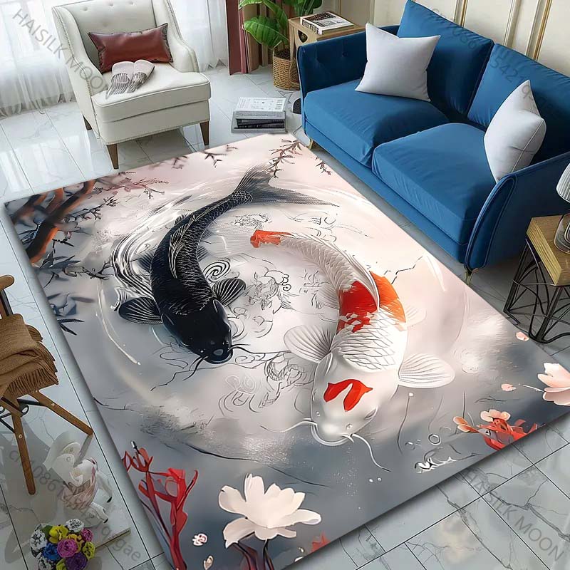 Multiple sizes Black and white koi spinning Carpet for Living Room Bedroom Sofa Home Decor Rus Non-slip Floor Mat Luxury Gift