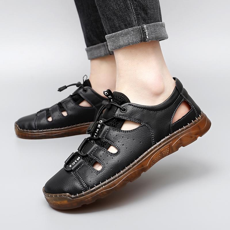 Outdoor Men Sandals Summer Genuine Leather Mesh Walking Casual Sandals Non-slip Hiking Trekking Shoes Beach Mens Shoes Big Size