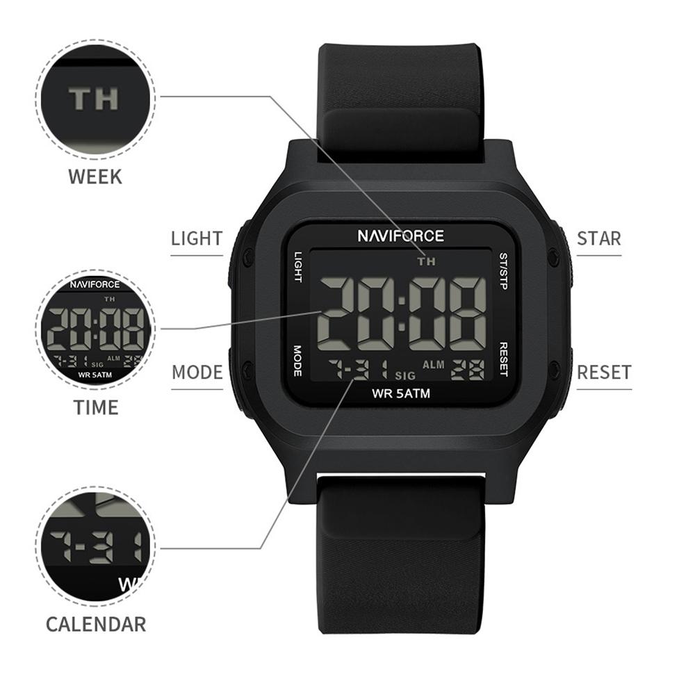 NAVIFORCE Original Men Digital Watch Square Case Silicone Strap Waterproof Calendar Date Chronograph Alarm Men Sports Leisure Watch NF7137