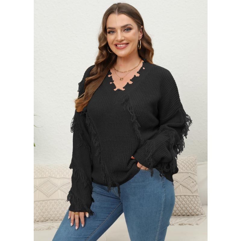 

Женский свитер-пуловер в стиле пэчворк с V-образным вырезом и бахромой большого размера в осеннем стиле 3XL чёрный