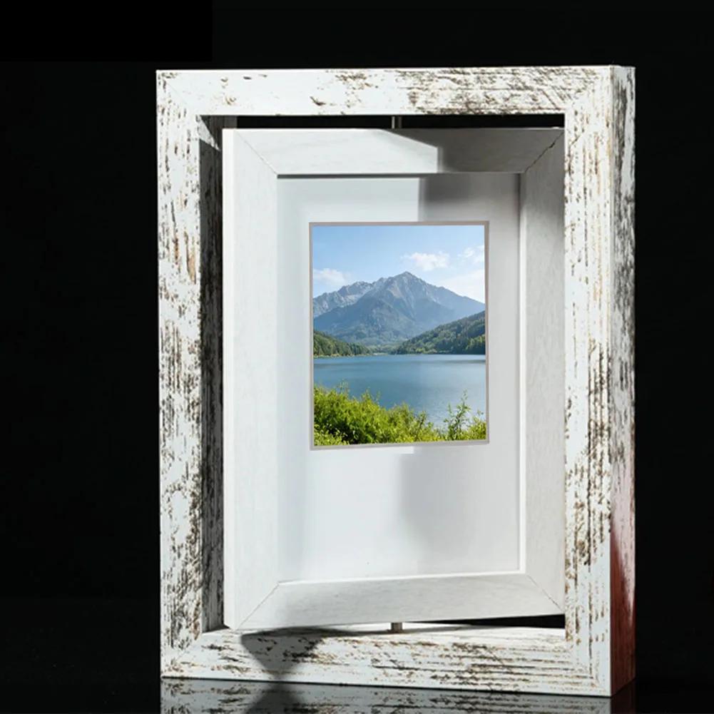 Dual-Sided 360° Rotating Wooden Picture Frame, Elegant Desktop Decor Holds Two 7-Inch Photos For Home Or Office Display