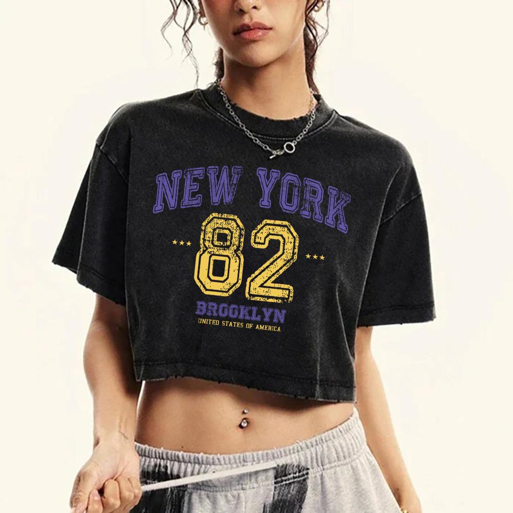 New York 82 Hollow Out Word Printing Washed Tee Shirt Female Retro Comfortable T-Shirts Casual Clothes Short Sleeve