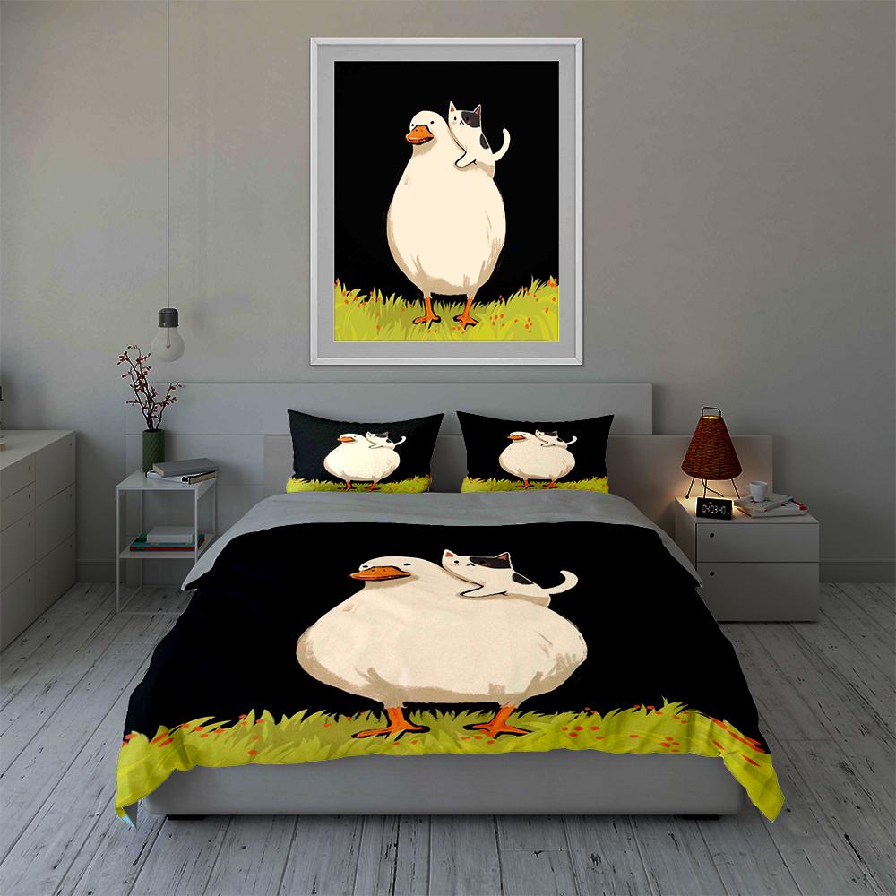 Duck carrying cat. Bedding Duvet cover sets Duvet covers Pillowcases gifts (1 * Duvet Cover 2 * Pillowcases, without duvet insert)