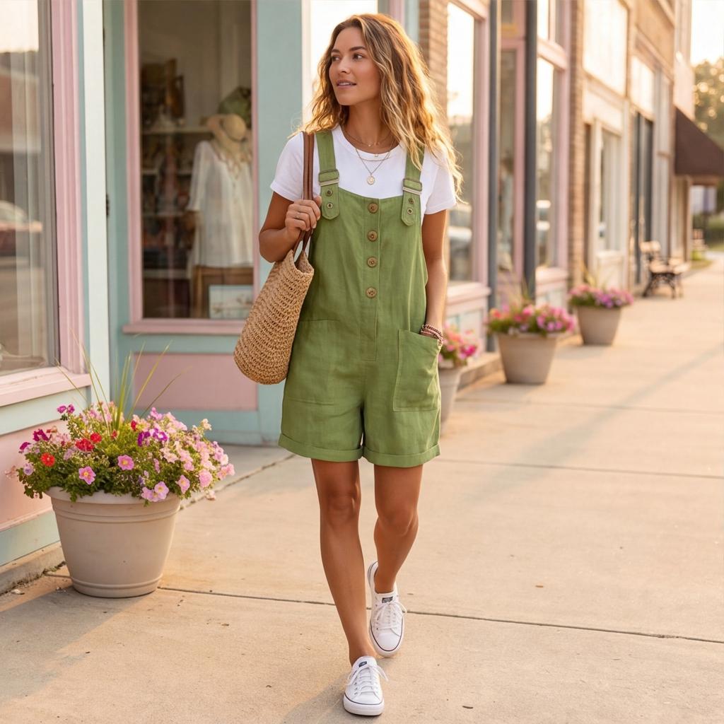 Women’s Loose Fit Corduroy Short Overalls with Adjustable Straps Front Button Design and Large Pockets for Casual Wear